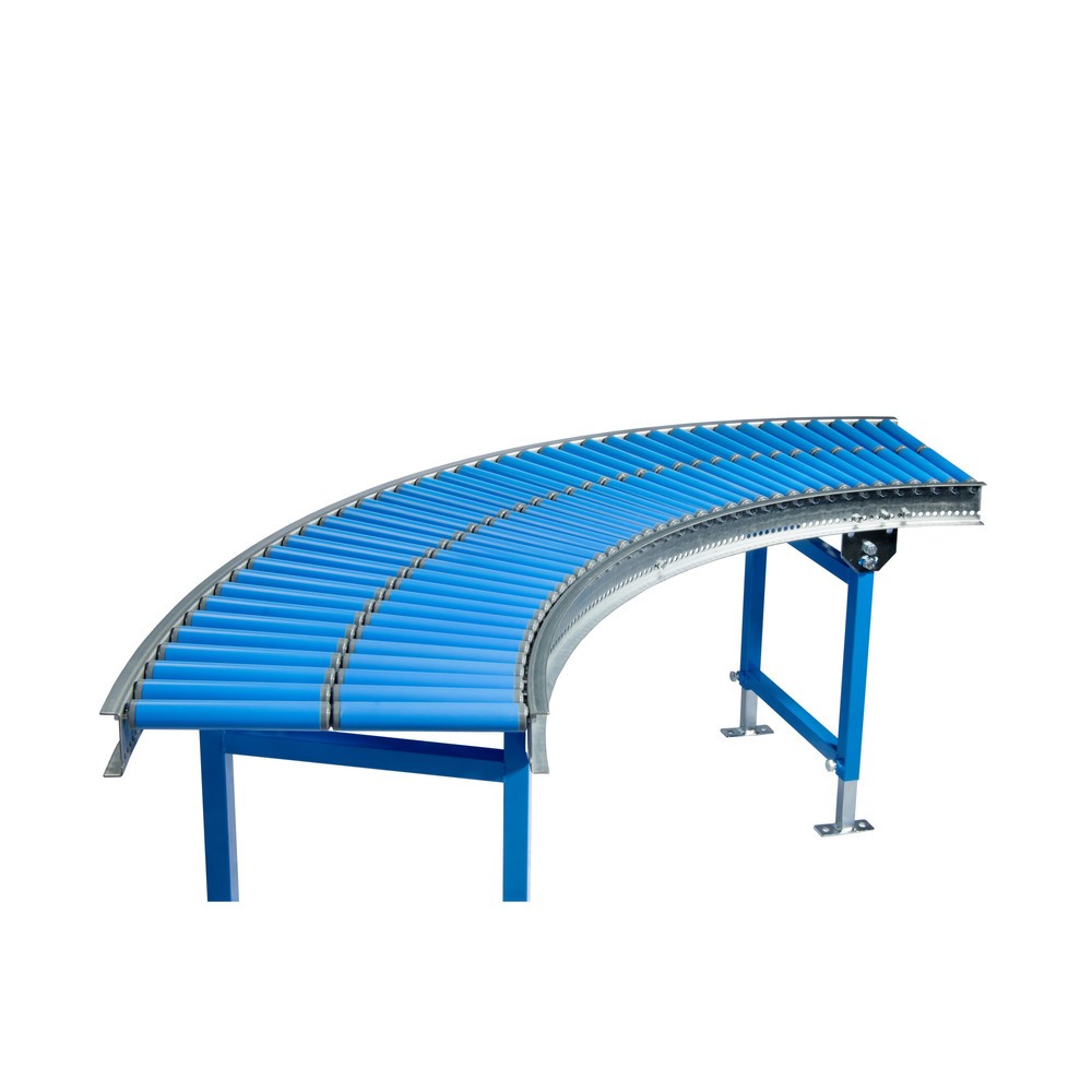 Číslo obrázka výrobku 1: Malý valčekový dopravník, plastové valčeky, 45° krivka, závitová náprava, Ø 30 mm, šírka pásu 400 mm