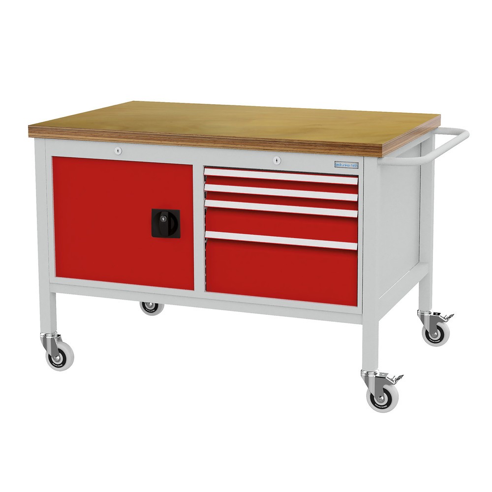 Číslo obrázka výrobku 1: Mobilný pracovný stôl Bedrunka+Hirth, skriňa, 4 zásuvky v rôznych výškach, dopravná červená