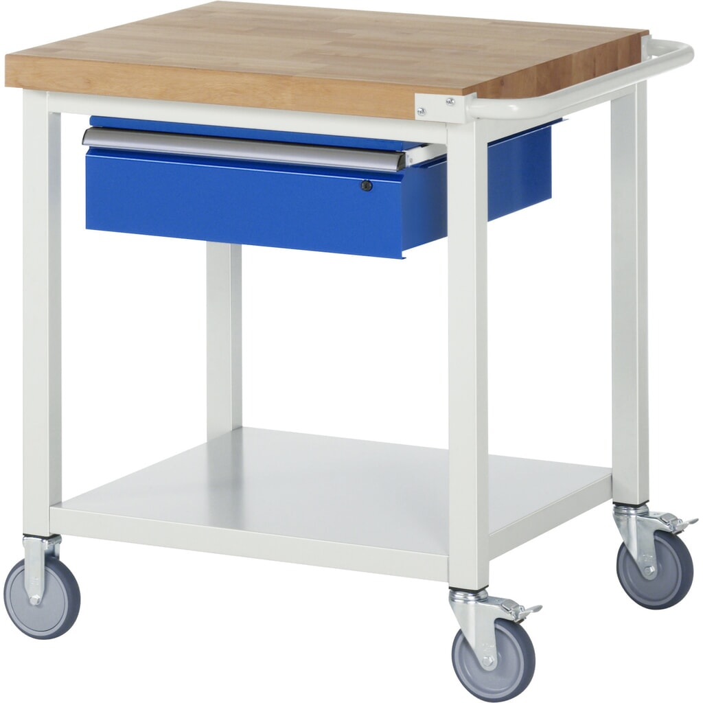 Obrázok výrobku: Mobilný pracovný stôl RAU série 8000, v × š × h 880 – 1 080 × 750 × 700 mm, 1 zásuvka, 1 × 150 mm, nosnosť zásuv. 50 kg