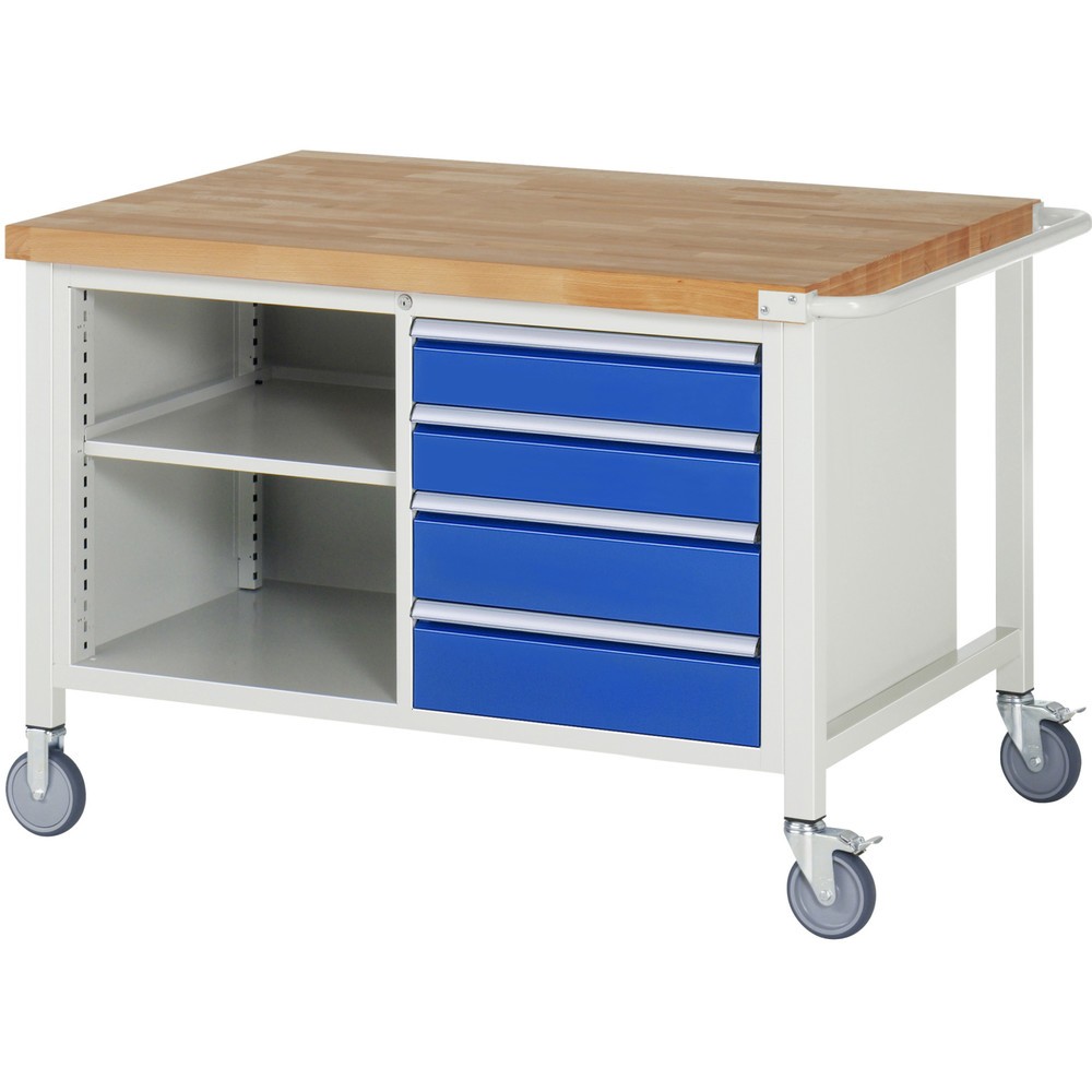 Obrázok výrobku: Mobilný pracovný stôl RAU série 8000, počet dvojitých kontajnerov: 1, 1 polica, v × š × h 880 – 1 080 × 1 250 × 900 mm, 4 zásuv. s 90 % vysunutím