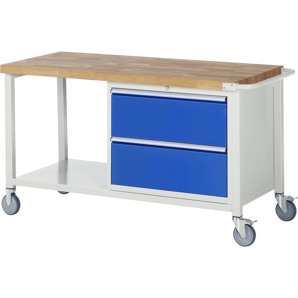 Číslo obrázka výrobku 1: Mobilný pracovný stôl RAU série 8000, 1 odkladacie dno, v × š × h 880 – 1 080 × 1 500 × 700 mm, 2 zásuv. s 90 % vysunutím, 2 × 270 mm