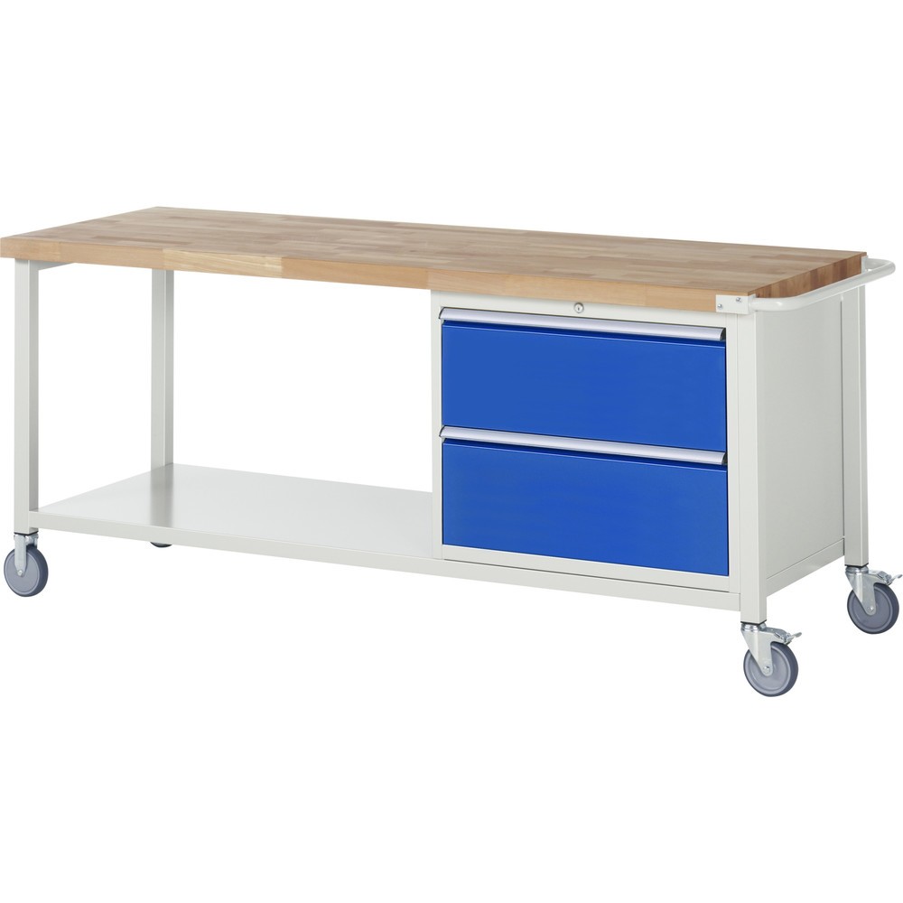 Číslo obrázka výrobku 1: Mobilný pracovný stôl RAU série 8000, 1 odkladacie dno, v × š × h 880 – 1 080 × 2 000 × 700 mm, 2 zásuv. so 100 % vysunutím, 2 × 270 mm