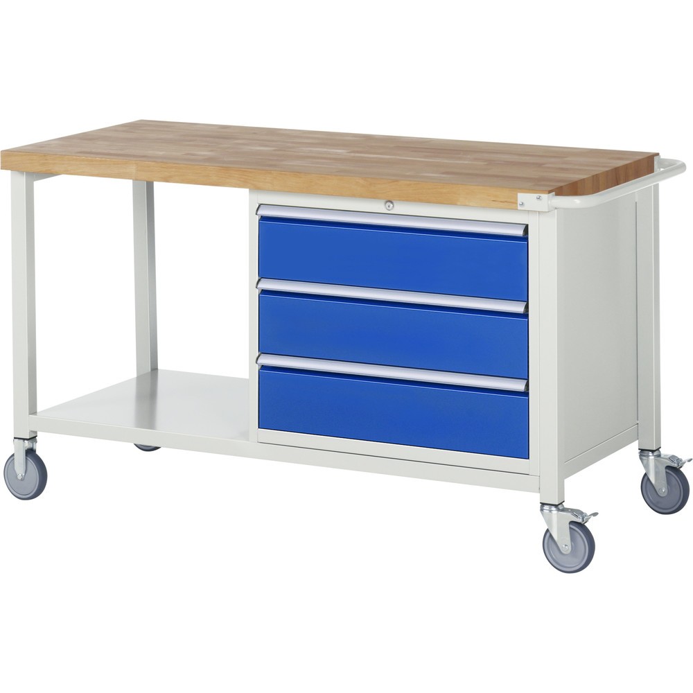 Číslo obrázka výrobku 1: Mobilný pracovný stôl RAU série 8000, 1 odkladacie dno, v × š × h 880 – 1 080 × 1 500 × 700 mm, 3 zásuv. so 100 % vysunutím, 3 × 180 mm, nosnosť zásuv. 75 kg