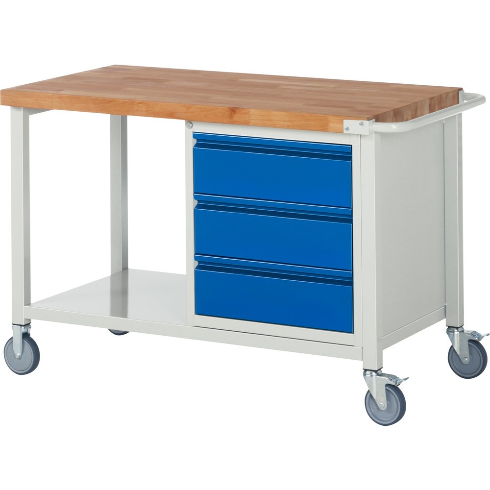 Číslo obrázka výrobku 1: Mobilný pracovný stôl RAU série 8000, počet kontajnerov: 1, v × š × h 880 × 1 250 × 700 mm, 3 zásuv., 3 × 180 mm, nosnosť zásuv. 100 kg, 1 odkladacie dno, hĺbka 650 mm