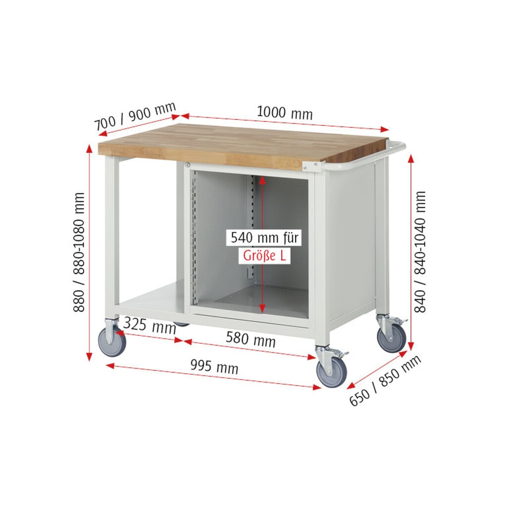 Číslo obrázka výrobku 8: Mobilný pracovný stôl RAU série 8000, 1 odkladacie dno, v × š × h 880 – 1 080 × 1 000 × 700 mm, 4 zásuv. so 100 % vysunutím, 2 × 120, 2 × 150 mm, nosnosť zásuv. 100 kg