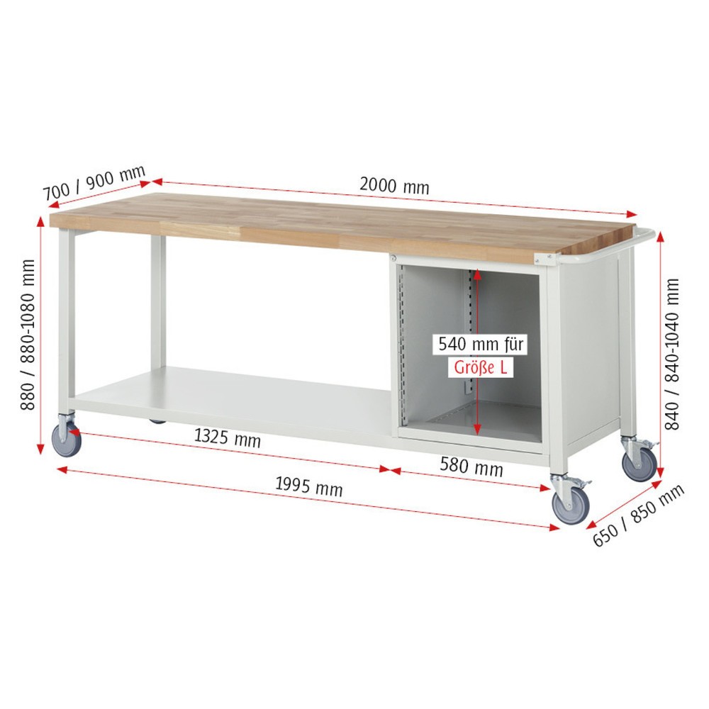 Číslo obrázka výrobku 5: Mobilný pracovný stôl RAU série 8000, 1 odkladacie dno, v × š × h 880 – 1 080 × 2 000 × 900 mm, 3 zásuv. so 100 % vysunutím, 3 × 180 mm, nosnosť zásuv. 100 kg