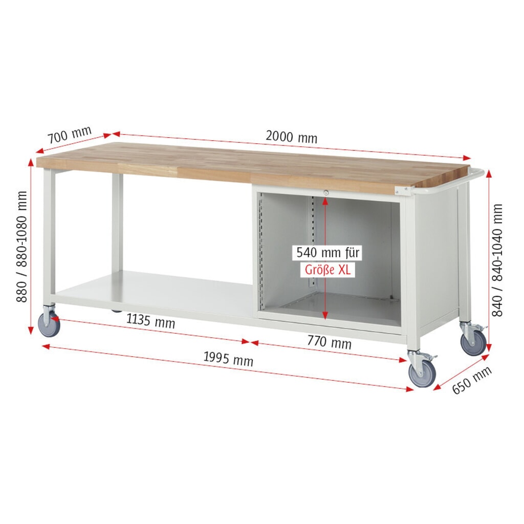 Číslo obrázka výrobku 7: Mobilný pracovný stôl RAU série 8000, 1 odkladacie dno, v × š × h 880 – 1 080 × 2 000 × 700 mm, 5 zásuv. so 100 % vysunutím, nosnosť zásuv. 75 kg