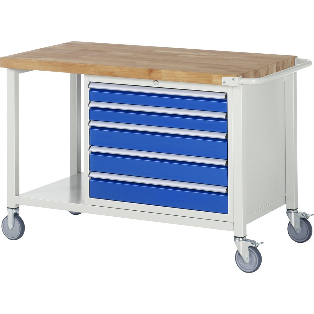Číslo obrázka výrobku 1: Mobilný pracovný stôl RAU série 8000, 1 odkladacie dno, v × š × h 880 – 1 080 × 1 250 × 700 mm, 5 zásuv. s 90 % vysunutím, nosnosť zásuv. 75 kg