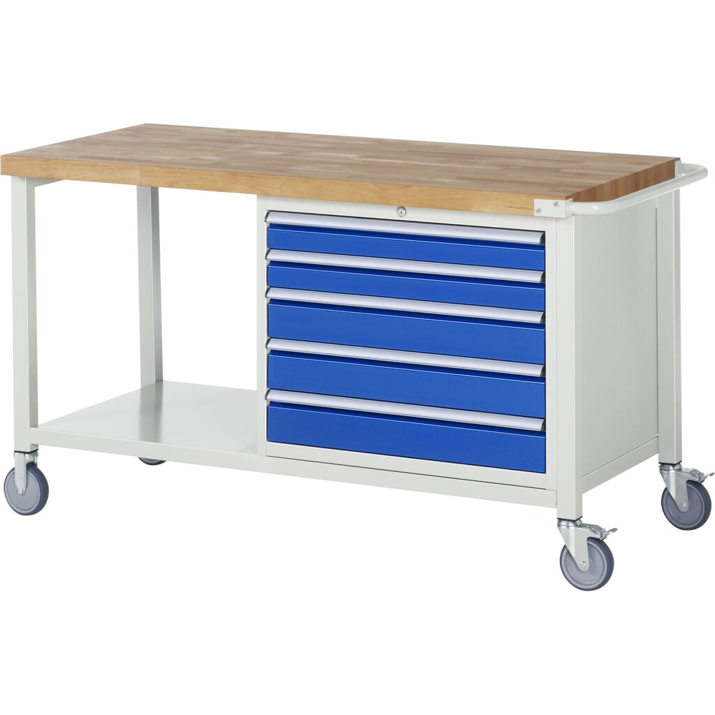 Mobilný pracovný stôl RAU série 8000, 1 odkladacie dno, v × š × h 880 × 1 500 × 700 mm, 5 zásuv. so 100 % vysunutím, nosnosť zásuv. 75 kg Obrázok výrobku: Mobilný pracovný stôl RAU série 8000, 1 odkladacie dno, v × š × h 880 × 1 500 × 700 mm, 5 zásuv. so 100 % vysunutím, nosnosť zásuv. 75 kg