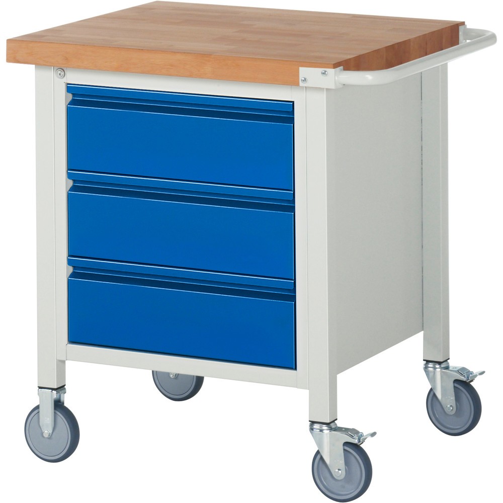 Číslo obrázka výrobku 1: Mobilný pracovný stôl RAU série 8000, počet kontajnerov: 1, v × š × h 880 × 750 × 700 mm, 3 zásuv., 3 × 180 mm, nosnosť zásuv. 100 kg