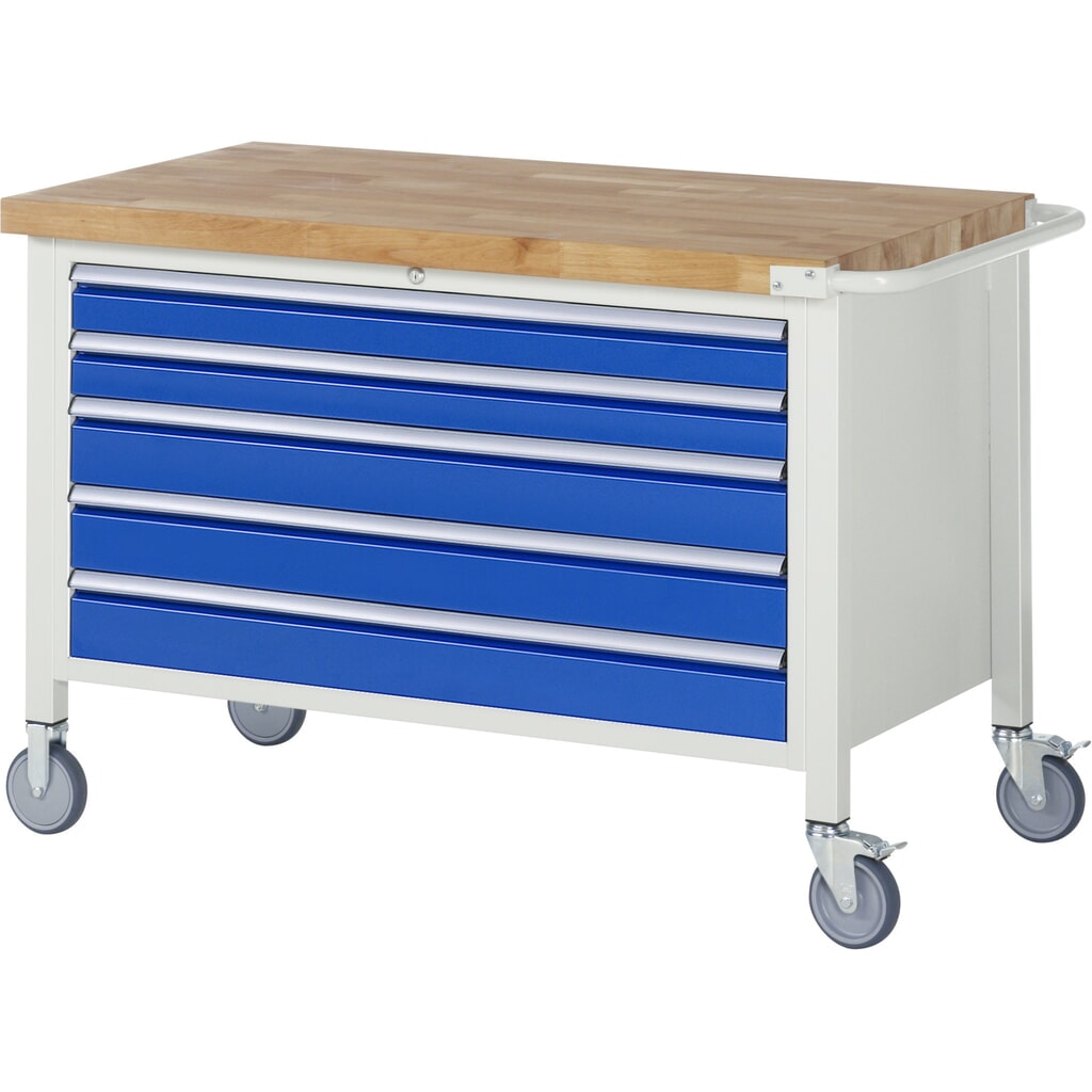 Mobilný pracovný stôl RAU série 8000, v × š × h 880 × 1 250 × 700 mm, 5 zásuv. so 100 % vysunutím, nosnosť zásuv. 50 kg Číslo obrázka výrobku 1: Mobilný pracovný stôl RAU série 8000, v × š × h 880 × 1 250 × 700 mm, 5 zásuv. so 100 % vysunutím, nosnosť zásuv. 50 kg