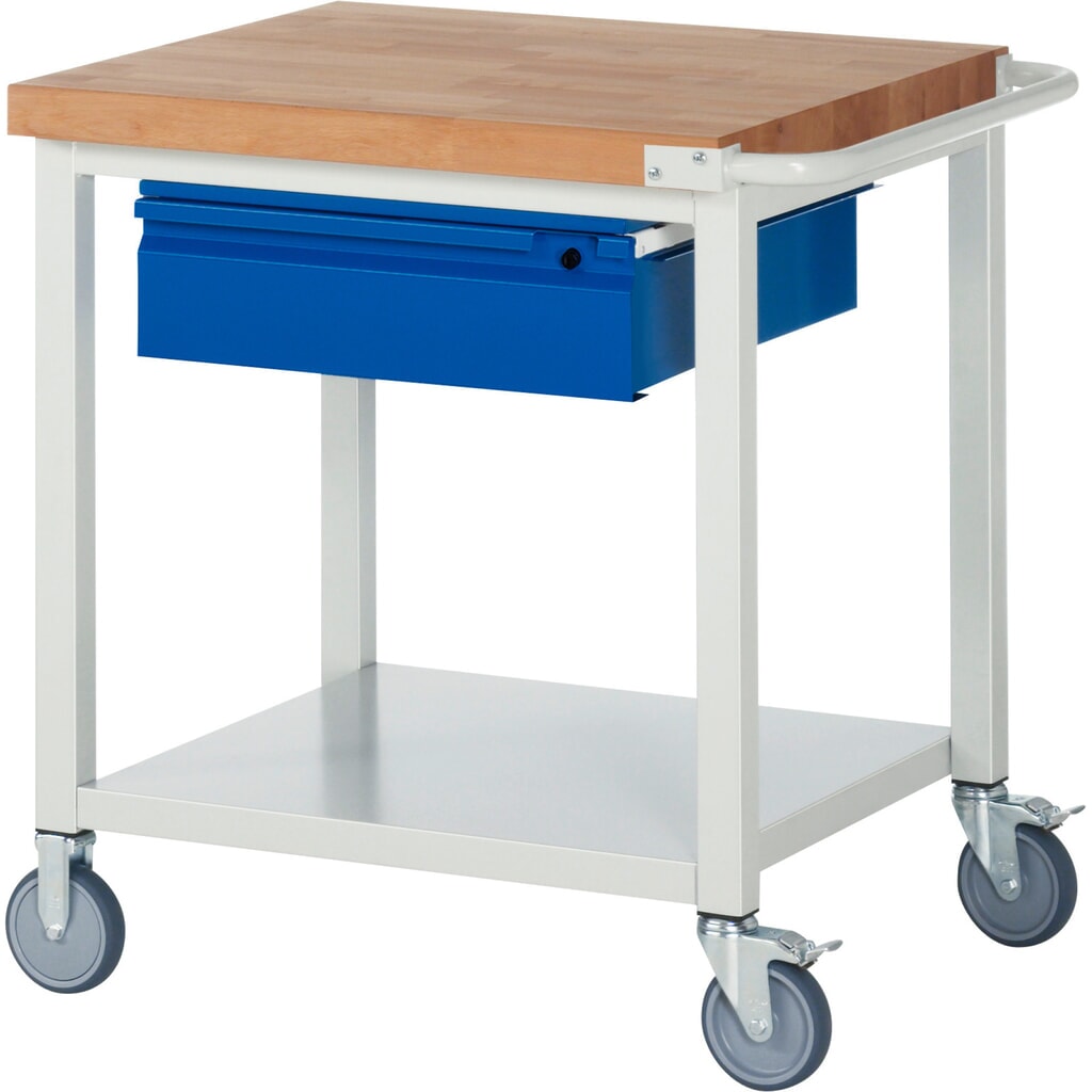Mobilný pracovný stôl RAU série 8000, pracovná doska z bukového masívu, hrúbka 40 mm, v × š × h 880 × 750 × 700 mm, 1 zásuvka, 1 odkladacie dno, hĺbka 650 mm Obrázok výrobku: Mobilný pracovný stôl RAU série 8000, pracovná doska z bukového masívu, hrúbka 40 mm, v × š × h 880 × 750 × 700 mm, 1 zásuvka, 1 odkladacie dno, hĺbka 650 mm