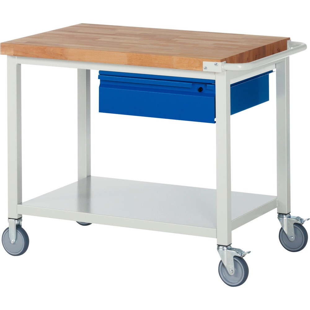 Číslo obrázka výrobku 1: Mobilný pracovný stôl RAU série 8000, pracovná doska z bukového masívu, hrúbka 40 mm, v × š × h 880 × 1 000 × 700 mm, 1 zásuvka, 1 odkladacie dno, hĺbka 650 mm