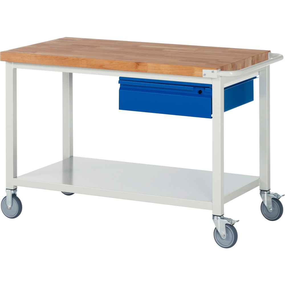 Číslo obrázka výrobku 1: Mobilný pracovný stôl RAU série 8000, pracovná doska z bukového masívu, hrúbka 40 mm, v × š × h 880 × 1 250 × 700 mm, 1 zásuvka, 1 odkladacie dno, hĺbka 650 mm