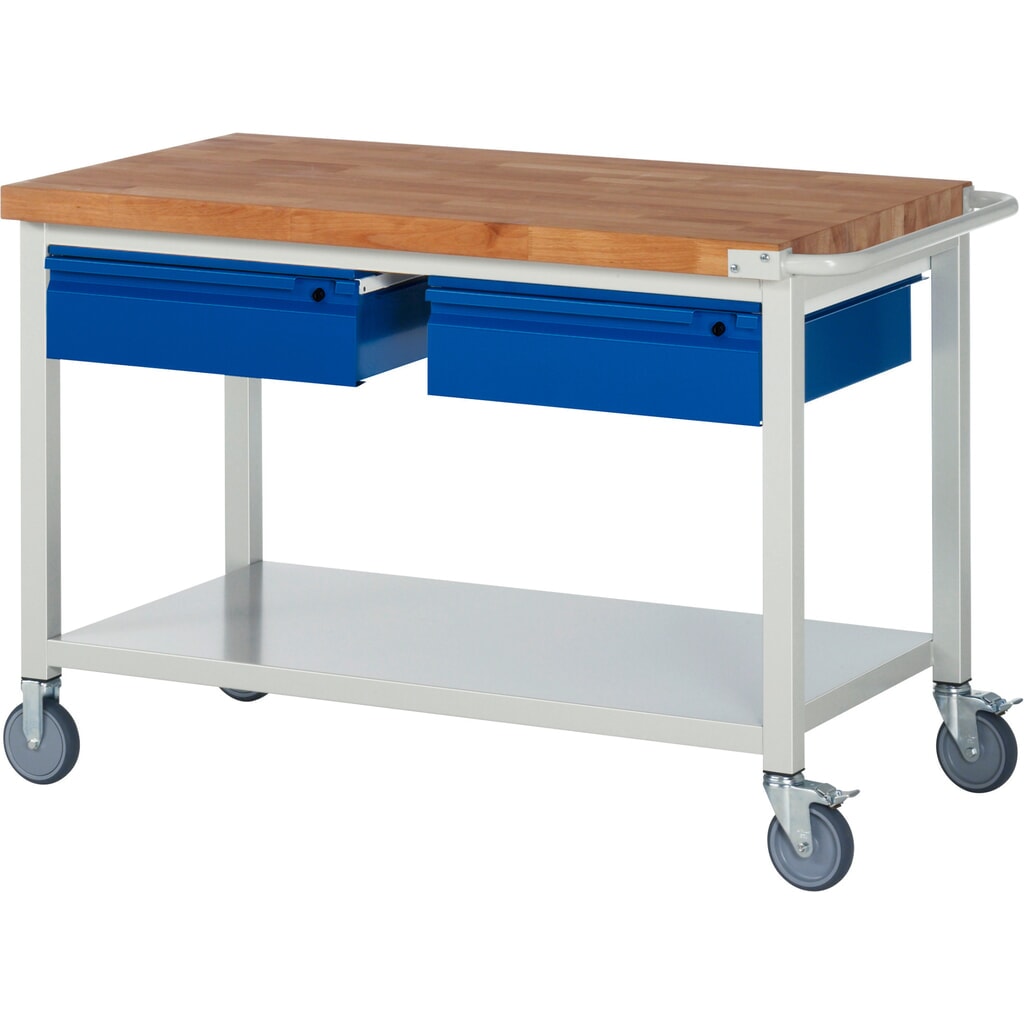 Mobilný pracovný stôl RAU série 8000, pracovná doska z bukového masívu, hrúbka 40 mm, v × š × h 880 × 1 250 × 700 mm, 2 zásuv., 1 odkladacie dno, hĺbka 650 mm Obrázok výrobku: Mobilný pracovný stôl RAU série 8000, pracovná doska z bukového masívu, hrúbka 40 mm, v × š × h 880 × 1 250 × 700 mm, 2 zásuv., 1 odkladacie dno, hĺbka 650 mm