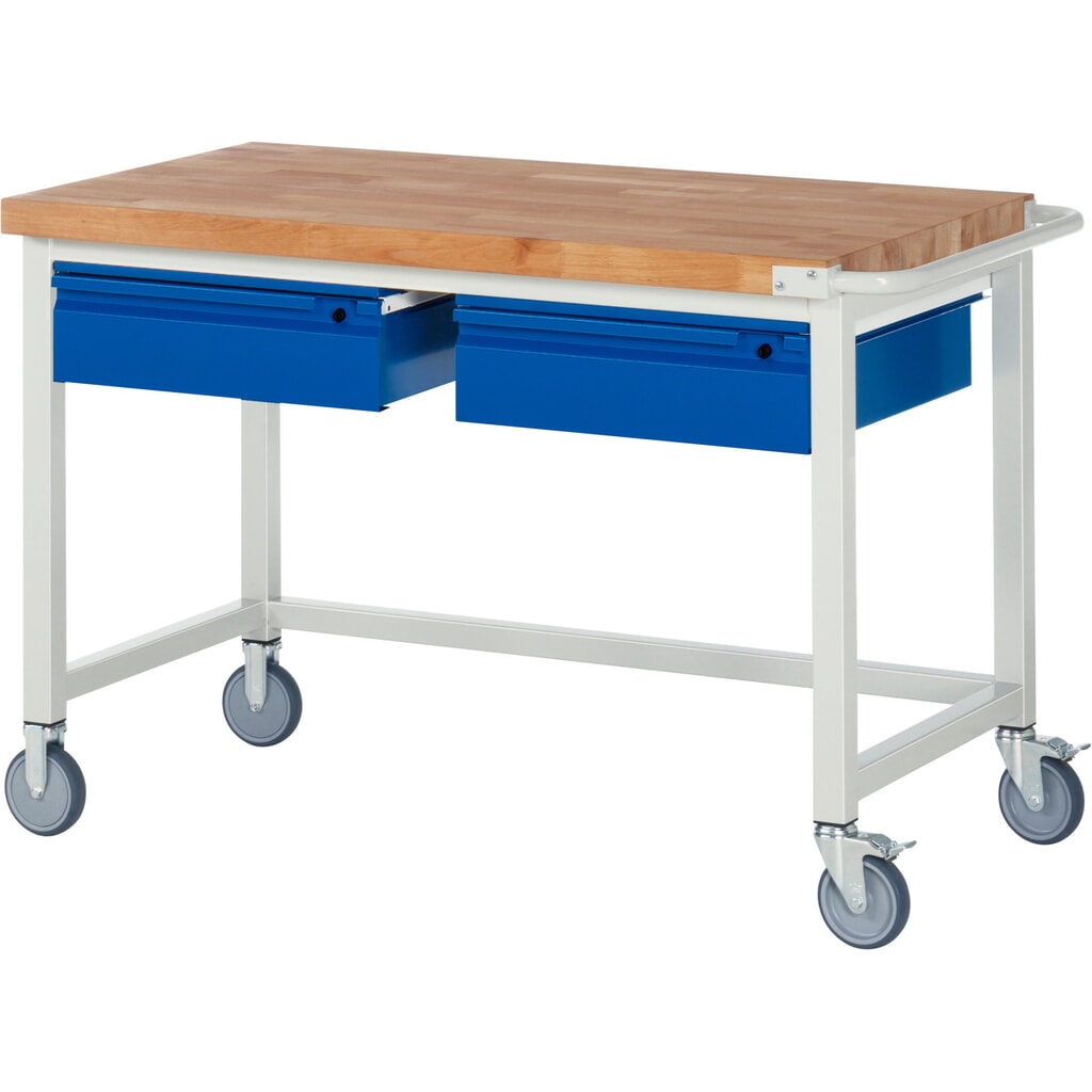 Mobilný pracovný stôl RAU série 8000, pracovná doska z bukového masívu, hrúbka 40 mm, v × š × h 880 × 1 250 × 700 mm, 2 zásuv., 2 × 150 mm Číslo obrázka výrobku 1: Mobilný pracovný stôl RAU série 8000, pracovná doska z bukového masívu, hrúbka 40 mm, v × š × h 880 × 1 250 × 700 mm, 2 zásuv., 2 × 150 mm