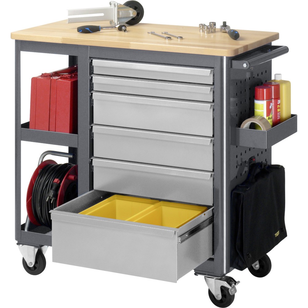 Číslo obrázka výrobku 5: Mobilný pracovný stôl RAU série adlatus, v × š × h 950 × 960 × 450 mm, 6 zásuv. 2 × 65, 3 × 125, 1 × 90 mm, buková pracovná doska