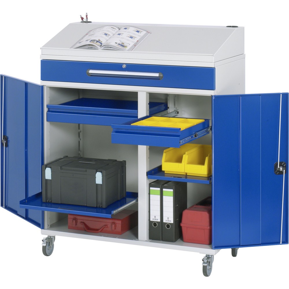 Číslo obrázka výrobku 1: Mobilný rečnícky pult RAU, v × š × h 1 235 – 1 345 × 1 100 × 520 mm, zásuv., 2 × 80, 1 × 120 mm