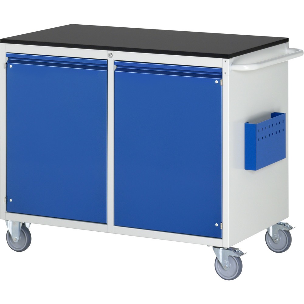 Číslo obrázka výrobku 1: Montážny vozík RAU série 7000, v × š × h 970 × 1 145 × 650 mm, 2 krídlové dvere, melamínová pracovná doska, integrovaná úchytková lišta