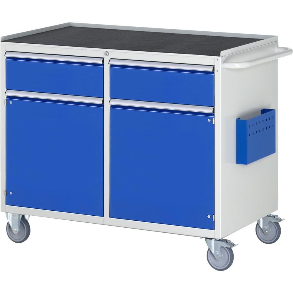 Číslo obrázka výrobku 1: Montážny vozík RAU série 7000, v × š × h 975 × 1 145 × 650 mm, 2 krídlové dvere, 2 zásuv. 2 × 180 mm, kovová pracovná doska