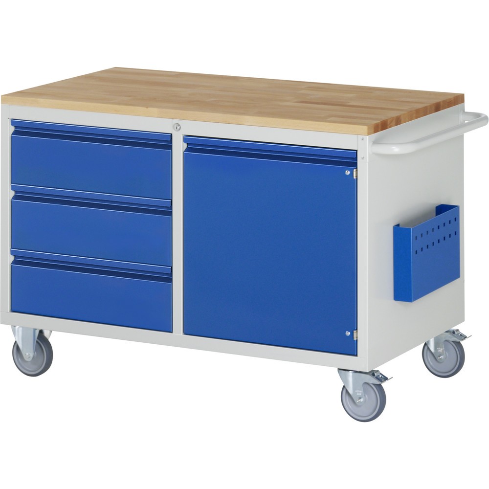Číslo obrázka výrobku 1: Montážny vozík RAU série 7000, v × š × h 795 × 1 145 × 650 mm, 1 krídlové dvere, 3 zásuv., čiastočný výsuv, buková pracovná doska