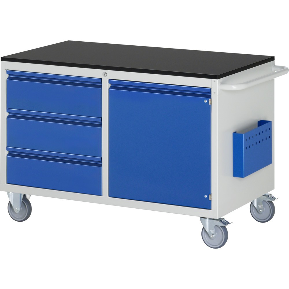 Číslo obrázka výrobku 1: Montážny vozík RAU série 7000, v × š × h 795 × 1 145 × 650 mm, 1 krídlové dvere, 3 zásuv., čiastočný výsuv, melamínová pracovná doska