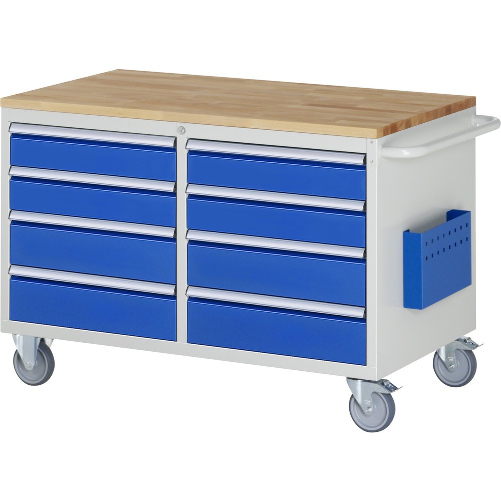 Číslo obrázka výrobku 1: Montážny vozík RAU série 7000, v × š × h 795 × 1 145 × 650 mm, 8 zásuv., buková pracovná doska, nosnosť zásuv. 100 kg