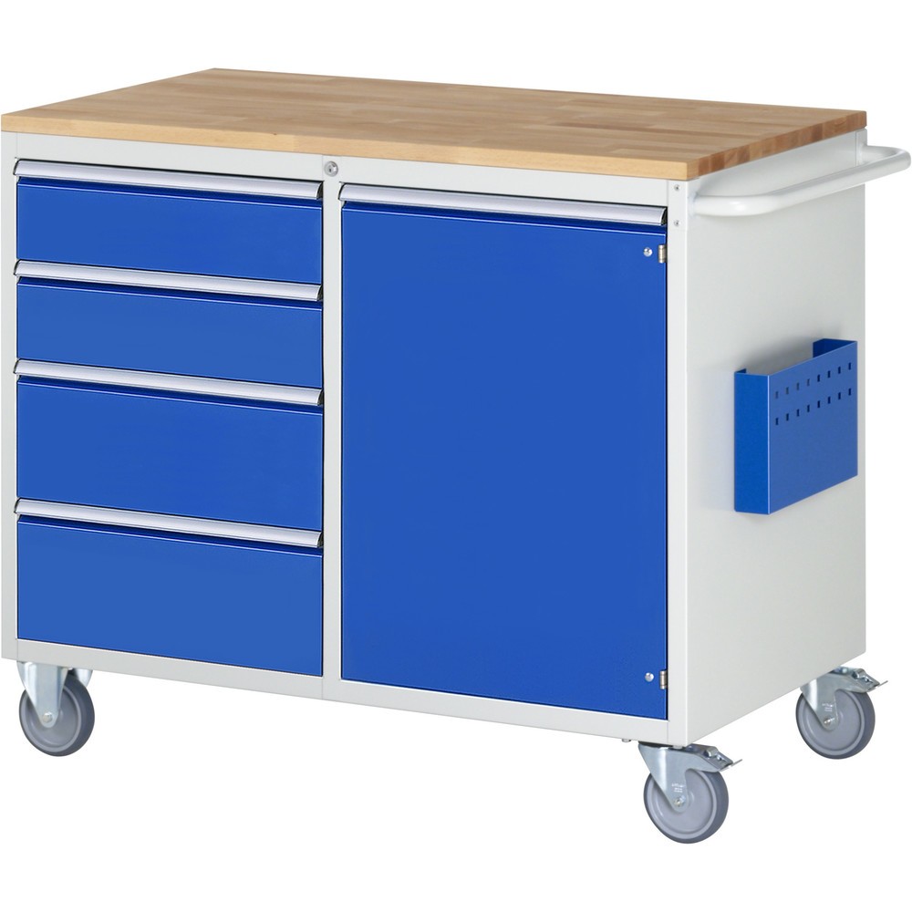 Číslo obrázka výrobku 1: Montážny vozík RAU série 7000, v × š × h 975 × 1 145 × 650 mm, 1 krídlové dvere, 4 zásuv. 2 × 150, 2 × 210 mm, buková pracovná doska
