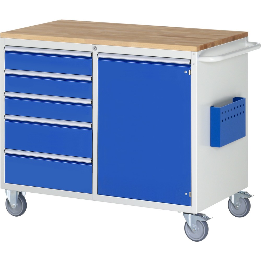 Číslo obrázka výrobku 1: Montážny vozík RAU série 7000, v × š × h 975 × 1 145 × 650 mm, 1 krídlové dvere, 5 zásuv. 3 × 120, 2 × 180 mm, buková pracovná doska