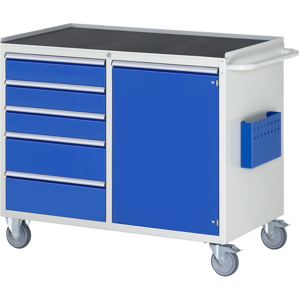 Číslo obrázka výrobku 1: Montážny vozík RAU série 7000, v × š × h 975 × 1 145 × 650 mm, 1 krídlové dvere, 5 zásuv. 3 × 120, 2 × 180 mm, kovová pracovná doska
