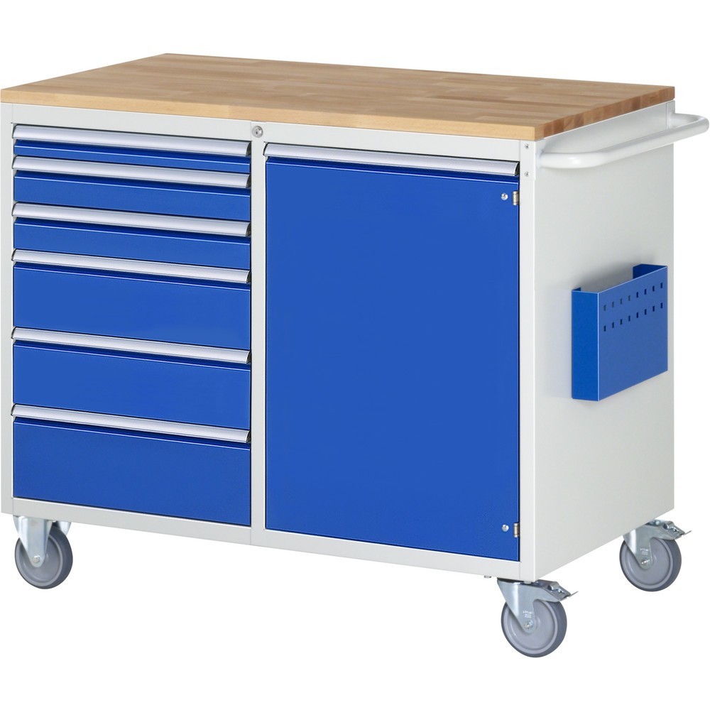 Číslo obrázka výrobku 1: Montážny vozík RAU série 7000, v × š × h 975 × 1 145 × 650 mm, 1 krídlové dvere, 6 zásuv. 1 × 60, 2 × 90, 2 × 150, 1 × 180 mm, buková pracovná doska