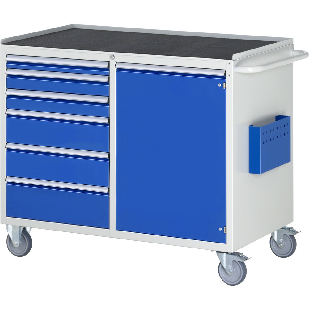 Číslo obrázka výrobku 1: Montážny vozík RAU série 7000, v × š × h 975 × 1 145 × 650 mm, 1 krídlové dvere, 6 zásuv. 1 × 60, 2 × 90, 2 × 150, 1 × 180 mm, kovová pracovná doska