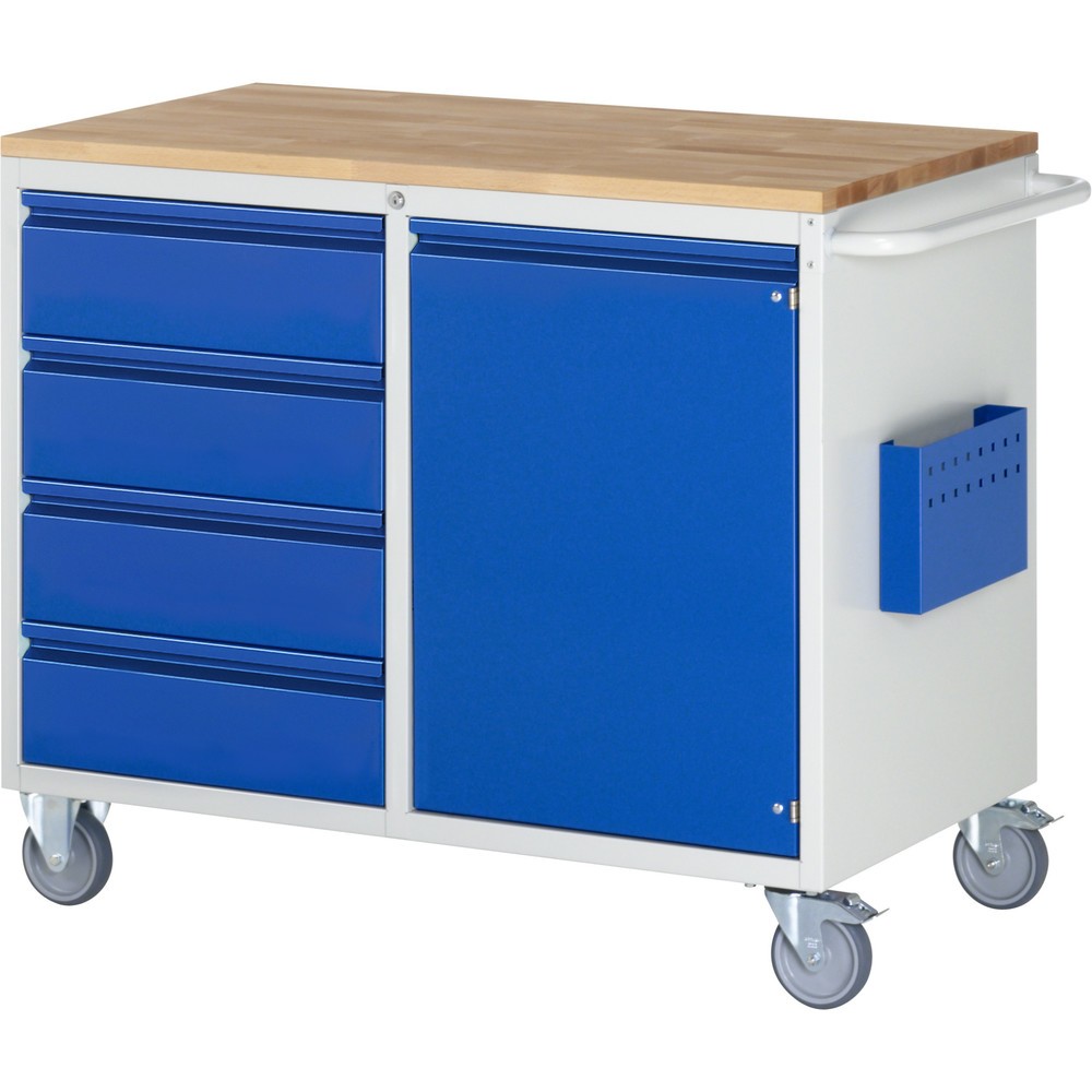 Číslo obrázka výrobku 1: Montážny vozík RAU série 7000, v × š × h 975 × 1 145 × 650 mm, 1 krídlové dvere, 4 zásuv. 4 × 180 mm, buková pracovná doska