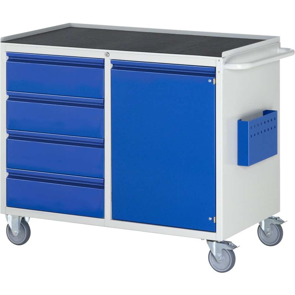 Číslo obrázka výrobku 1: Montážny vozík RAU série 7000, v × š × h 975 × 1 145 × 650 mm, 1 krídlové dvere, 4 zásuv. 4 × 180 mm, kovová pracovná doska