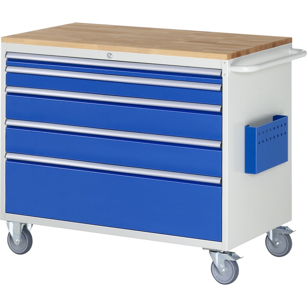 Dielenský vozík RAU série 7 000, v × š × h 975 × 1 145 × 650 mm, s 5 zásuvkami veľkosti XXL, pracovná doska z bukového masívu Obrázok výrobku: Dielenský vozík RAU série 7 000, v × š × h 975 × 1 145 × 650 mm, s 5 zásuvkami veľkosti XXL, pracovná doska z bukového masívu