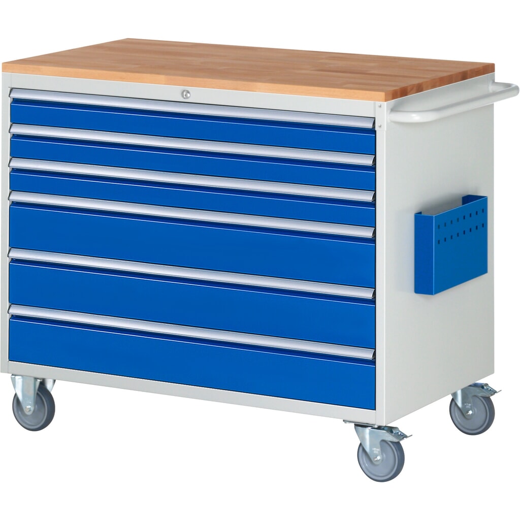 Dielenský vozík RAU série 7 000, v × š × h 975 × 1 145 × 650 mm, s 6 zásuvkami veľkosti XXL, pracovná doska z bukového masívu Obrázok výrobku: Dielenský vozík RAU série 7 000, v × š × h 975 × 1 145 × 650 mm, s 6 zásuvkami veľkosti XXL, pracovná doska z bukového masívu