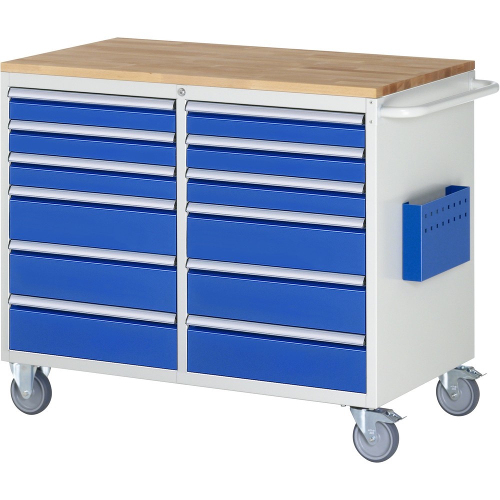 Číslo obrázka výrobku 1: Montážny vozík RAU série 7000, v × š × h 975 × 1 145 × 650 mm, 12 zásuv. 6 × 90, 6 × 150 mm, buková pracovná doska, nosnosť zásuv. 100 kg