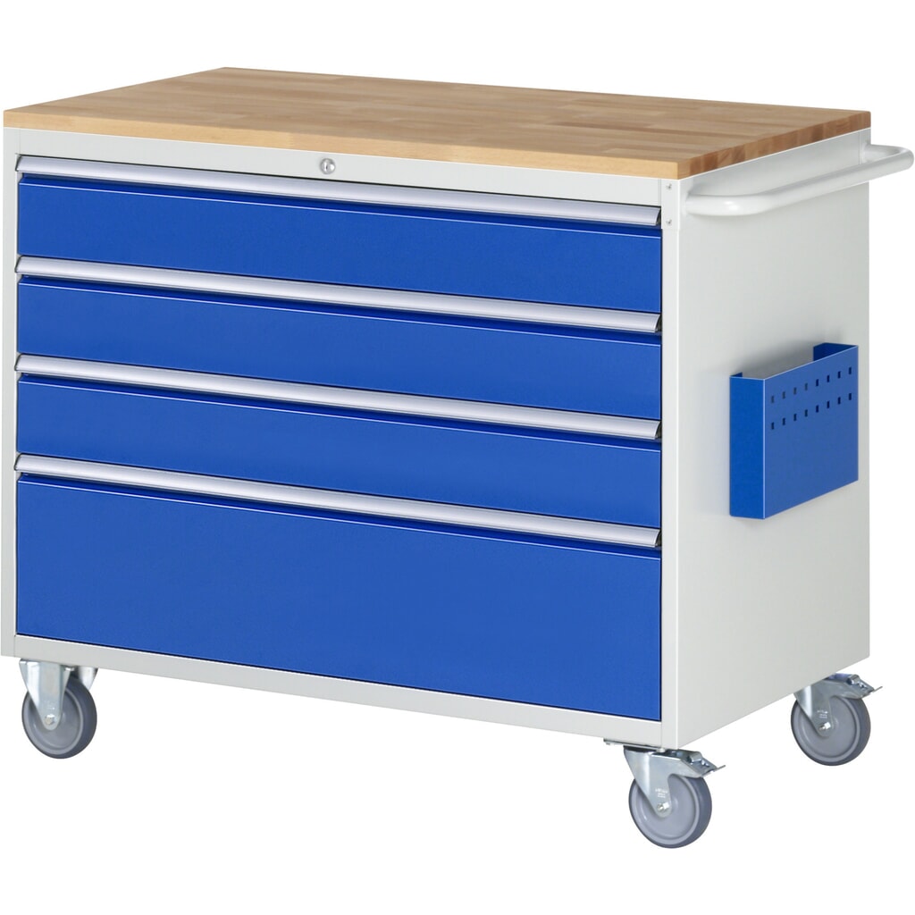 Obrázok výrobku: Montážny vozík RAU série 7000, v × š × h 975 × 1 145 × 650 mm, 4 zásuv. 3 × 150, 1 × 270 mm, buková pracovná doska, nosnosť zásuv. 50 kg