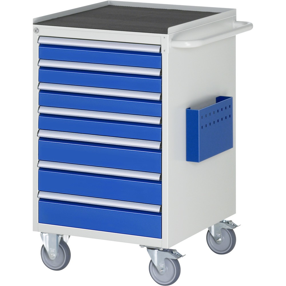 Číslo obrázka výrobku 1: Montážny vozík RAU série 7000, v × š × h 975 × 580 × 650 mm, 7 zásuv. 4 × 90, 3 × 120 mm, kovová pracovná doska