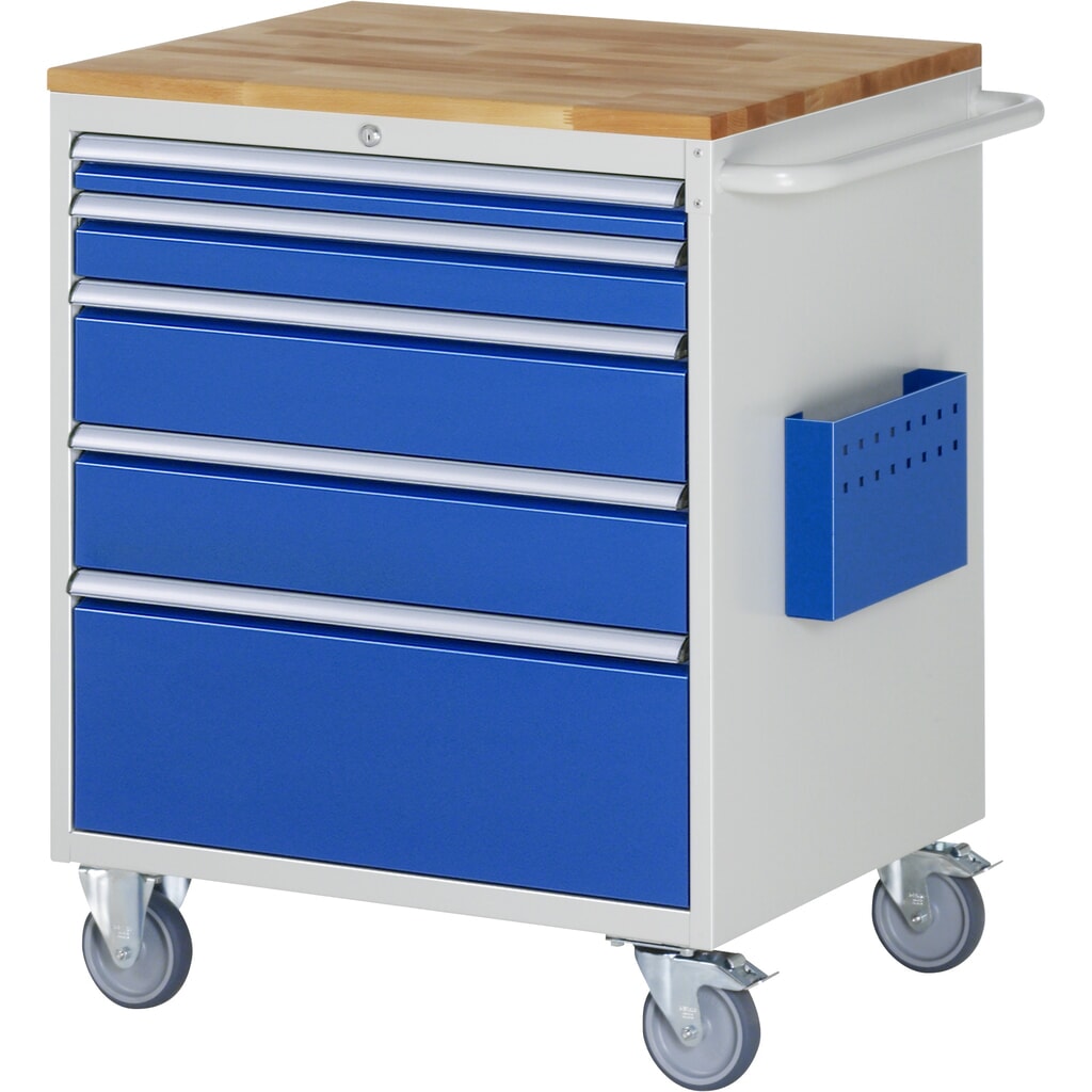 Dielenský vozík RAU série 7 000, v × š × h 975 × 770 × 650 mm, s 5 zásuvkami veľkosti XL, pracovná doska z bukového masívu Obrázok výrobku: Dielenský vozík RAU série 7 000, v × š × h 975 × 770 × 650 mm, s 5 zásuvkami veľkosti XL, pracovná doska z bukového masívu