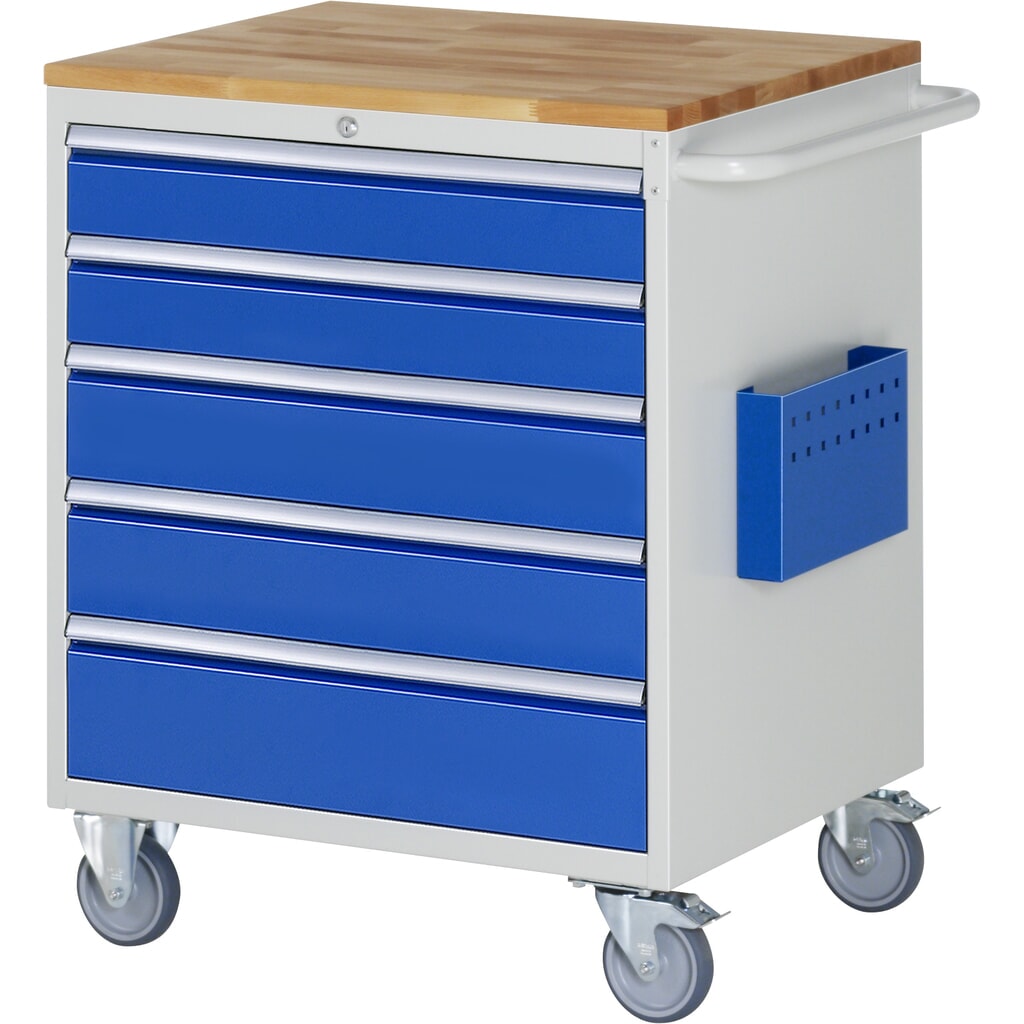Obrázok výrobku: Dielenský vozík RAU série 7 000, v × š × h 975 × 770 × 650 mm, s 5 zásuvkami veľkosti XL, pracovná doska z bukového masívu
