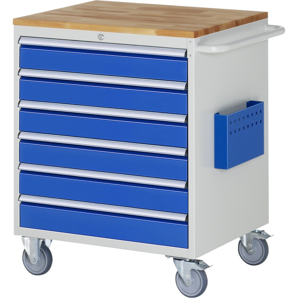 Číslo obrázka výrobku 1: Montážny vozík RAU série 7000, v × š × h 975 × 770 × 650 mm, 6 zásuv. 6 × 120 mm, buková pracovná doska