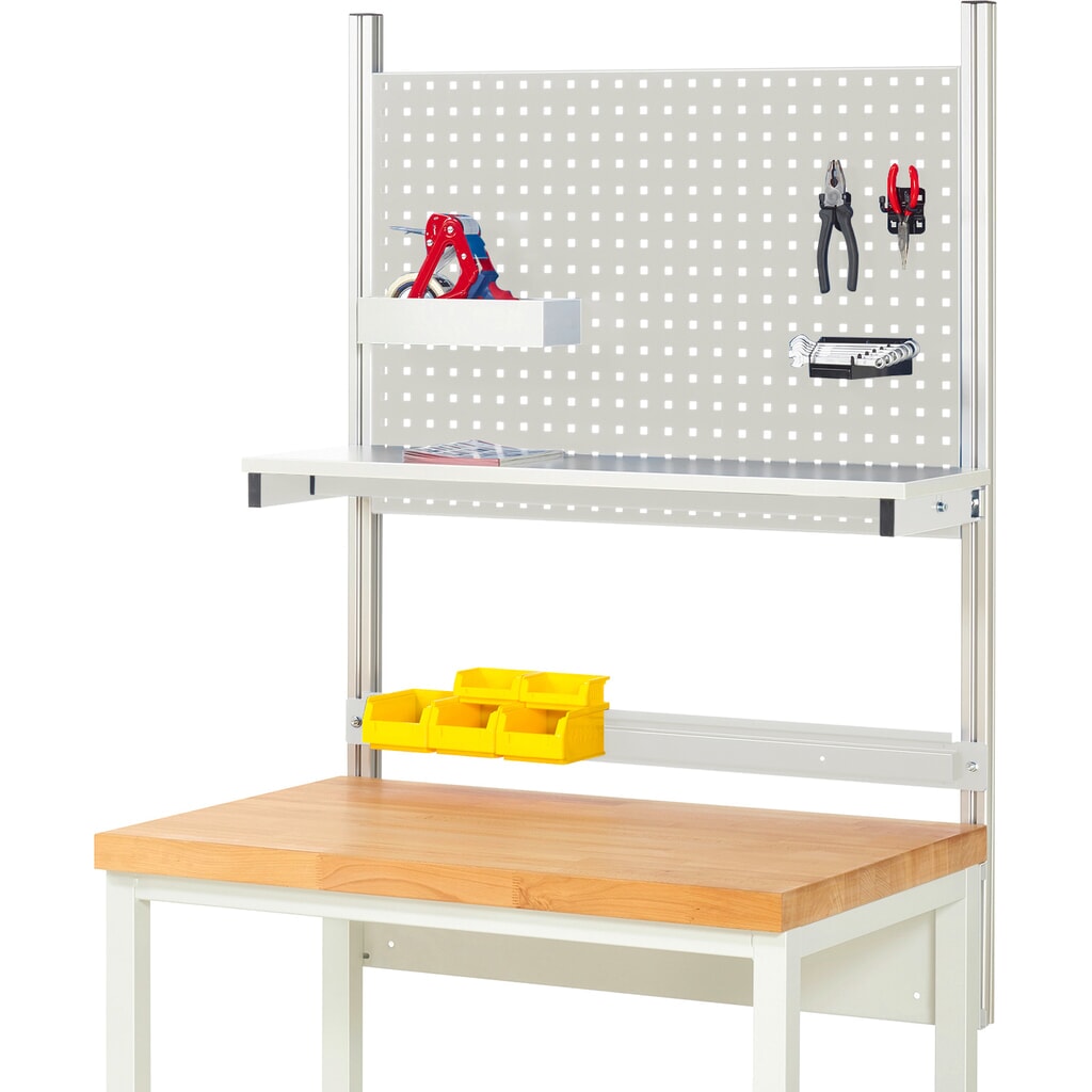 Nadstavba pracovného stola RAU, v × š × h 1 130 × 1 000 × 350 mm, s 1 policovou doskou, s povrchom z melamínovej živice a 1 prídržnou lištou, kompletná súprava 01 pre šírku výrobku 1 000 mm Obrázok výrobku: Nadstavba pracovného stola RAU, v × š × h 1 130 × 1 000 × 350 mm, s 1 policovou doskou, s povrchom z melamínovej živice a 1 prídržnou lištou, kompletná súprava 01 pre šírku výrobku 1 000 mm
