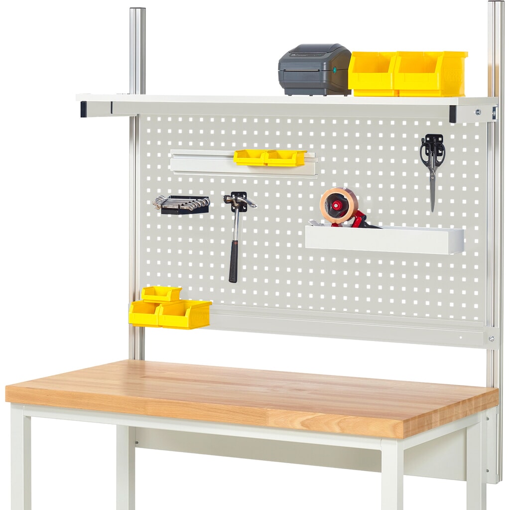 Nadstavba pracovného stola RAU, v × š × h 1 130 × 1 250 × 350 mm, s 1 policovou doskou, s povrchom z melamínovej živice a 1 prídržnou lištou, kompletná súprava 01 pre šírku výrobku 1 250 mm Obrázok výrobku: Nadstavba pracovného stola RAU, v × š × h 1 130 × 1 250 × 350 mm, s 1 policovou doskou, s povrchom z melamínovej živice a 1 prídržnou lištou, kompletná súprava 01 pre šírku výrobku 1 250 mm