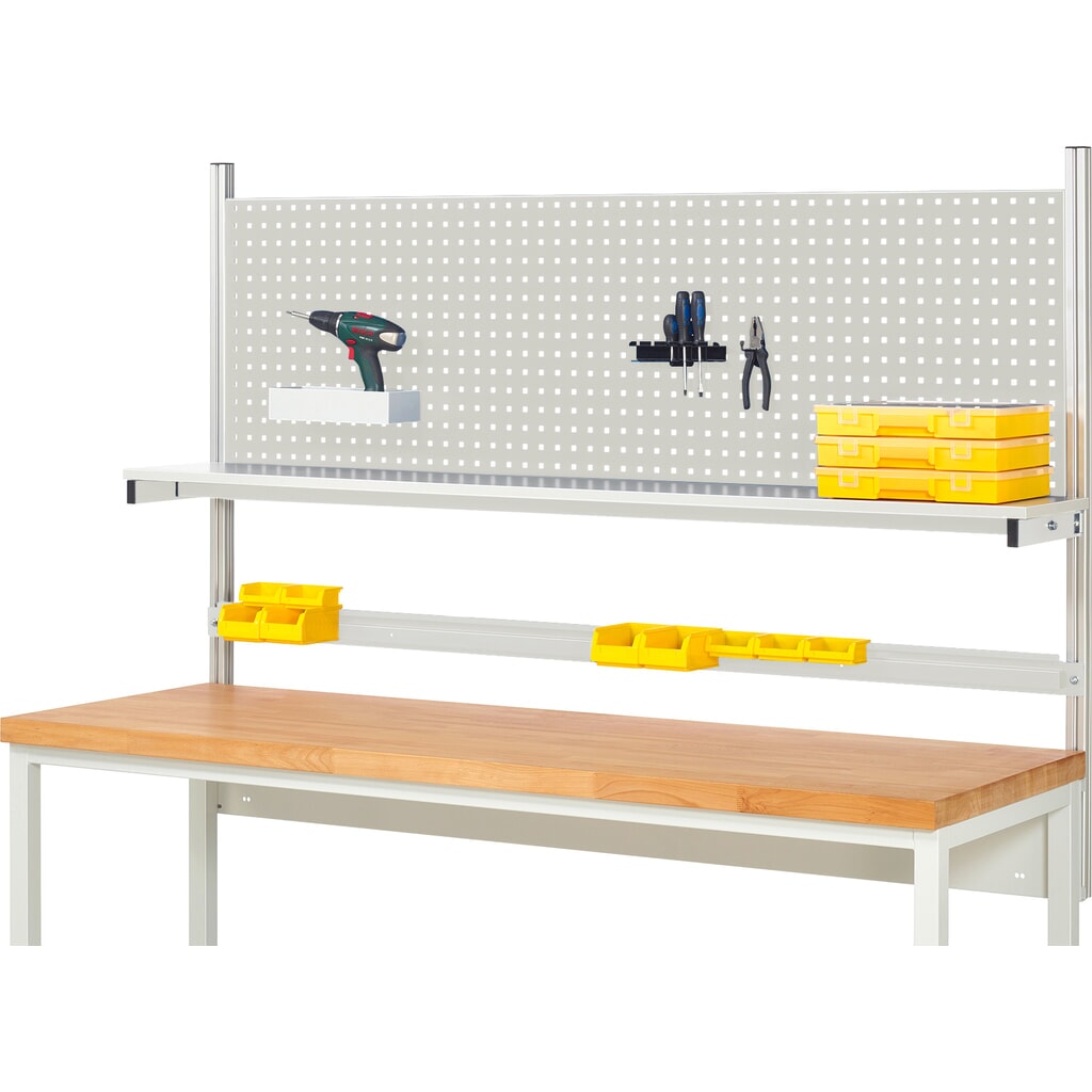 Nadstavba pracovného stola RAU, v × š × h 1 130 × 2 000 × 350 mm, s 1 policovou doskou, s povrchom z melamínovej živice a 1 prídržnou lištou, kompletná súprava 01 pre šírku výrobku 2 000 mm Obrázok výrobku: Nadstavba pracovného stola RAU, v × š × h 1 130 × 2 000 × 350 mm, s 1 policovou doskou, s povrchom z melamínovej živice a 1 prídržnou lištou, kompletná súprava 01 pre šírku výrobku 2 000 mm