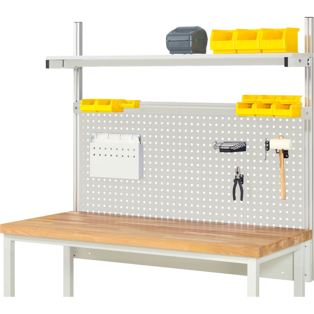 Nadstavba pracovného stola RAU, v × š × h 1 130 × 1 500 × 350 mm, s 1 policovou doskou, s povrchom z melamínovej živice a 1 prídržnou lištou, kompletná súprava 01 pre šírku výrobku 1 500 mm Obrázok výrobku: Nadstavba pracovného stola RAU, v × š × h 1 130 × 1 500 × 350 mm, s 1 policovou doskou, s povrchom z melamínovej živice a 1 prídržnou lištou, kompletná súprava 01 pre šírku výrobku 1 500 mm