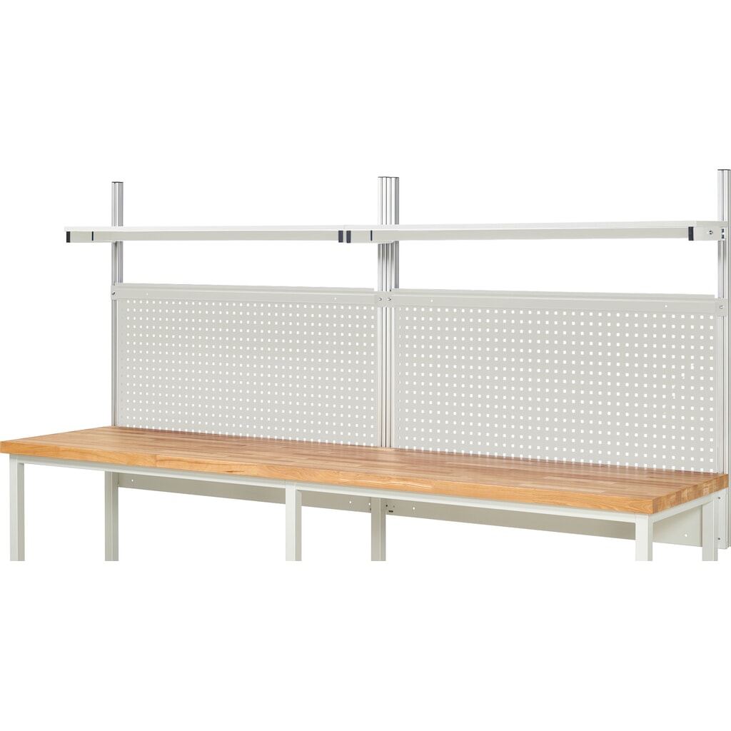 Číslo obrázka výrobku 2: Nadstavba pracovného stola RAU, v × š × h 1 130 × 3 000 × 350 mm, s 2 policovými doskami s povrchom z melamínovej živice a 2 prídržnými lištami, kompletná súprava 01 pre šírku výrobku 3 000 mm