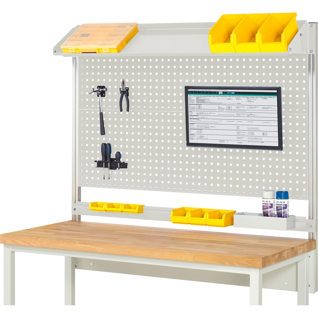 Obrázok výrobku: Nadstavba pracovného stola RAU, v × š × h 1 130 × 1 500 × 350 mm, s 1 naklápateľnou kovovou odkladacou lištou, 1 prídržnou lištou a 1 držiakom plochej obrazovky, kompletná súprava 02 pre výrobok šírky 1 500 mm