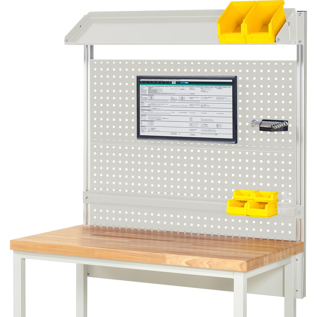Obrázok výrobku: Nadstavba pracovného stola RAU, v × š × h 1 130 × 1 250 × 350 mm, s 1 naklápateľnou kovovou odkladacou lištou, 1 prídržnou lištou a 1 držiakom plochej obrazovky, kompletná súprava 02 pre výrobok šírky 1 250 mm