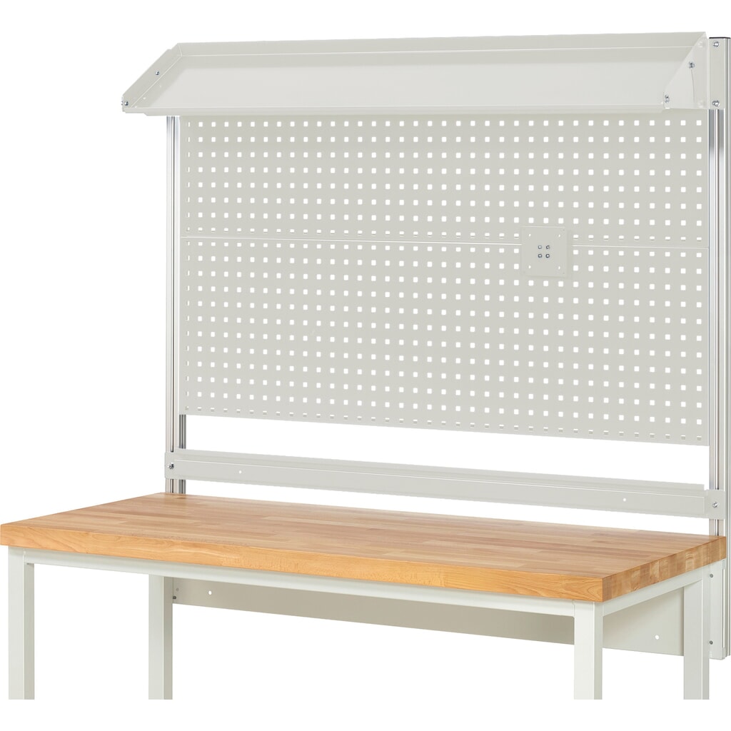Číslo obrázka výrobku 2: Nadstavba pracovného stola RAU, v × š × h 1 130 × 1 500 × 350 mm, s 1 naklápateľnou kovovou odkladacou lištou, 1 prídržnou lištou a 1 držiakom plochej obrazovky, kompletná súprava 02 pre výrobok šírky 1 500 mm